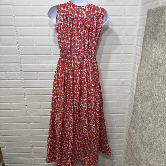Roller Rabbit Joana Lune Midi Floral Dress Cotton Silk Sz Sml Flowy Smocked Red - Picture 3 of 14